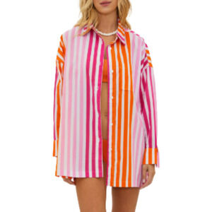 BEACH RIOT Alexa Orange Pink Stripe Long Sleeve Swim Cover Up Women's Large / XL